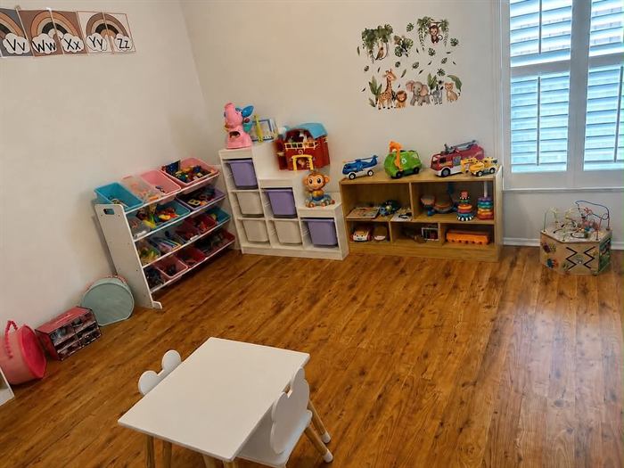 Safari-themed playroom with organized toy shelves and learning displays
